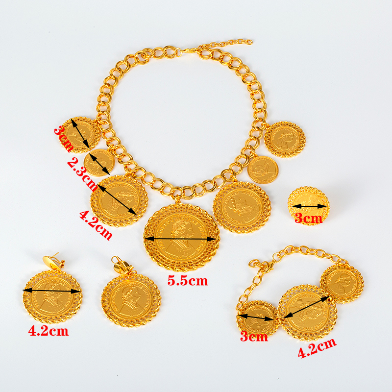 Bracelet Earrings Necklace Coin Necklace/Earrings/Rings/Bracelets Dubai Women's Jewelry Set Gold Coin Arab/African Bride Wedding Gift 230711