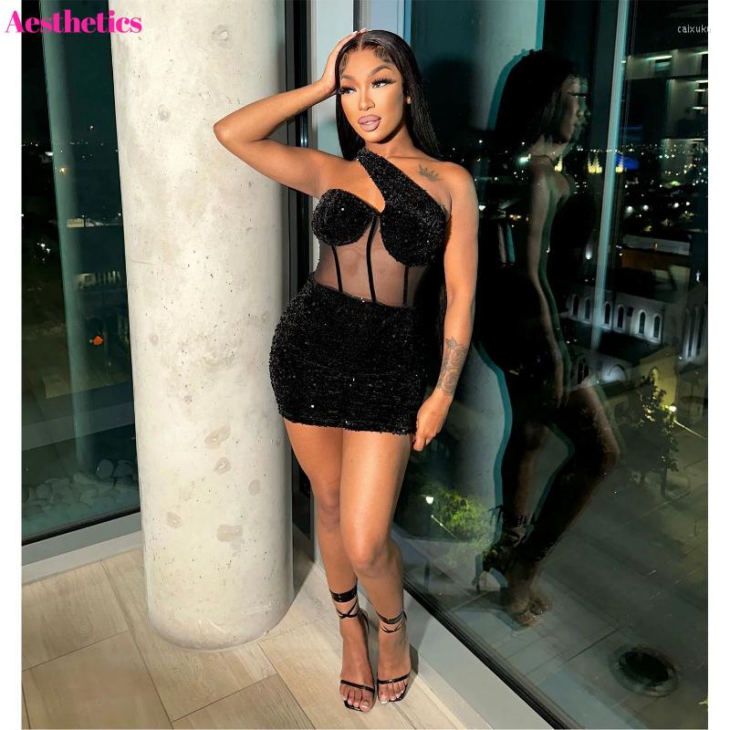 Casual Dresses Sexy Shiny Sequin Bodycon Mini Dress Inclined One Shoulder Mesh Vestidos Outfits 2023 Summer Night Club Birthday Party