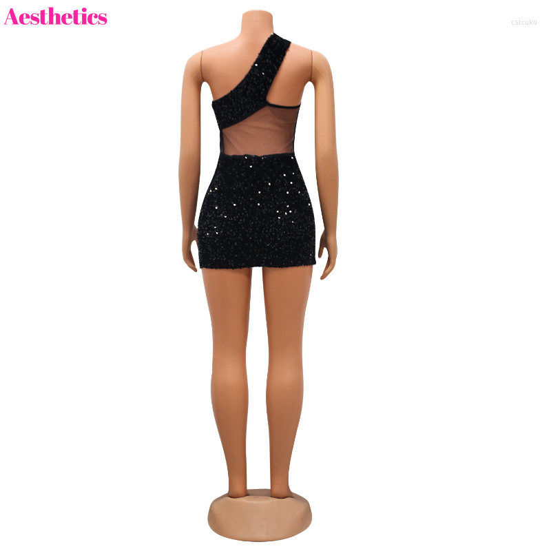 Casual Dresses Sexy Shiny Sequin Bodycon Mini Dress Inclined One Shoulder Mesh Vestidos Outfits 2023 Summer Night Club Birthday Party