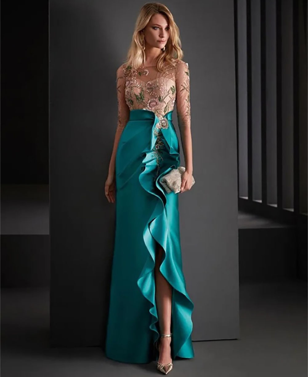 Mother Of The Bride Dresses Beads Appliqued Lace Evening Dress Half Sleeves Side Split Ruched Satin Cocktail Formal Mother's Wear