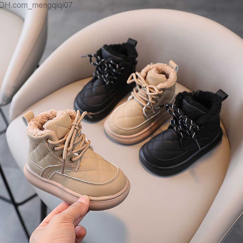 Sneakers 2023 Trend Winter Girls' Martin Boots Korean Style Checkered PU Leather Snow Boots Thick Warm Plush Casual Shoes Z230712