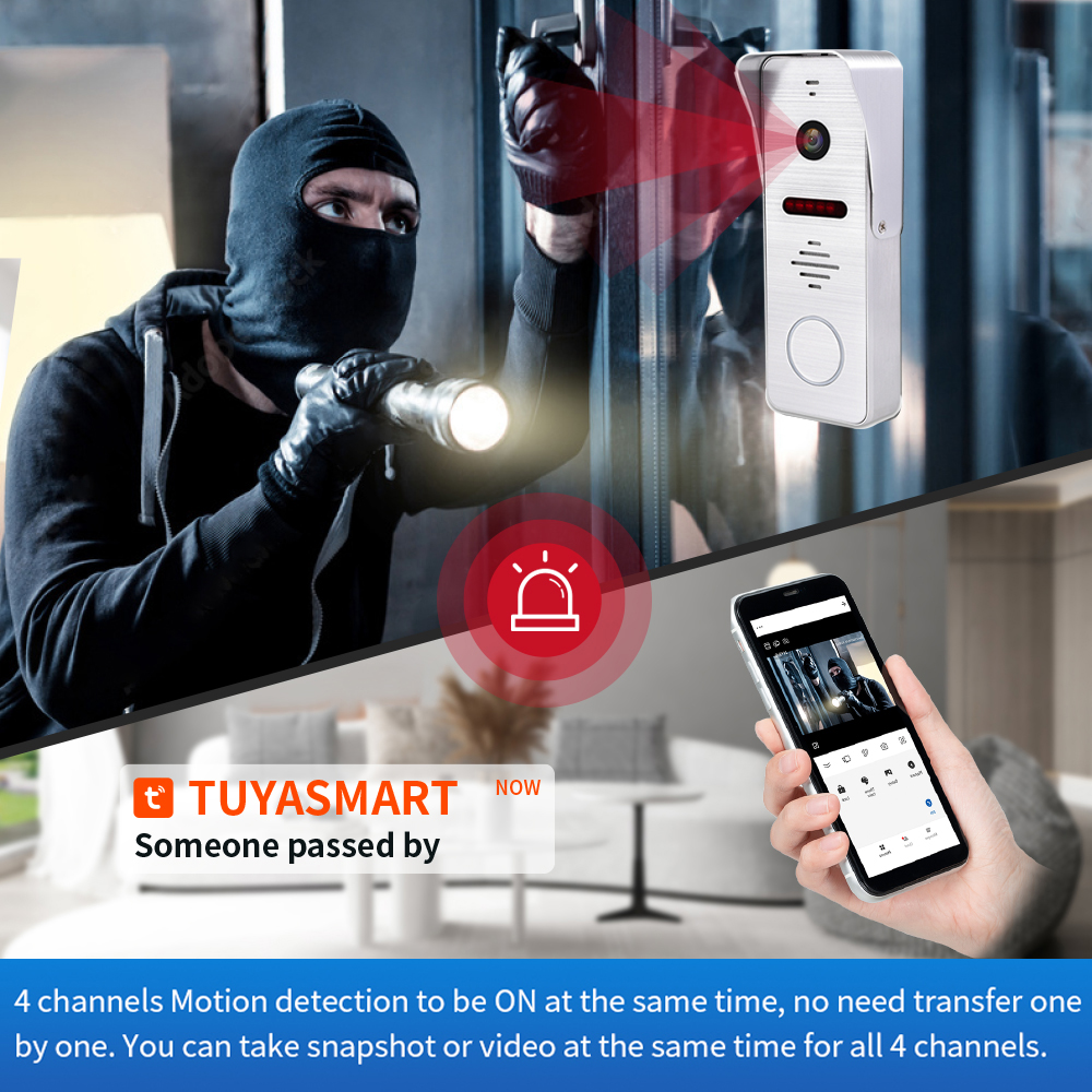 home security video intercom system with 4 channels 1080p resolution split screen display motion sensor and integrated doorbell