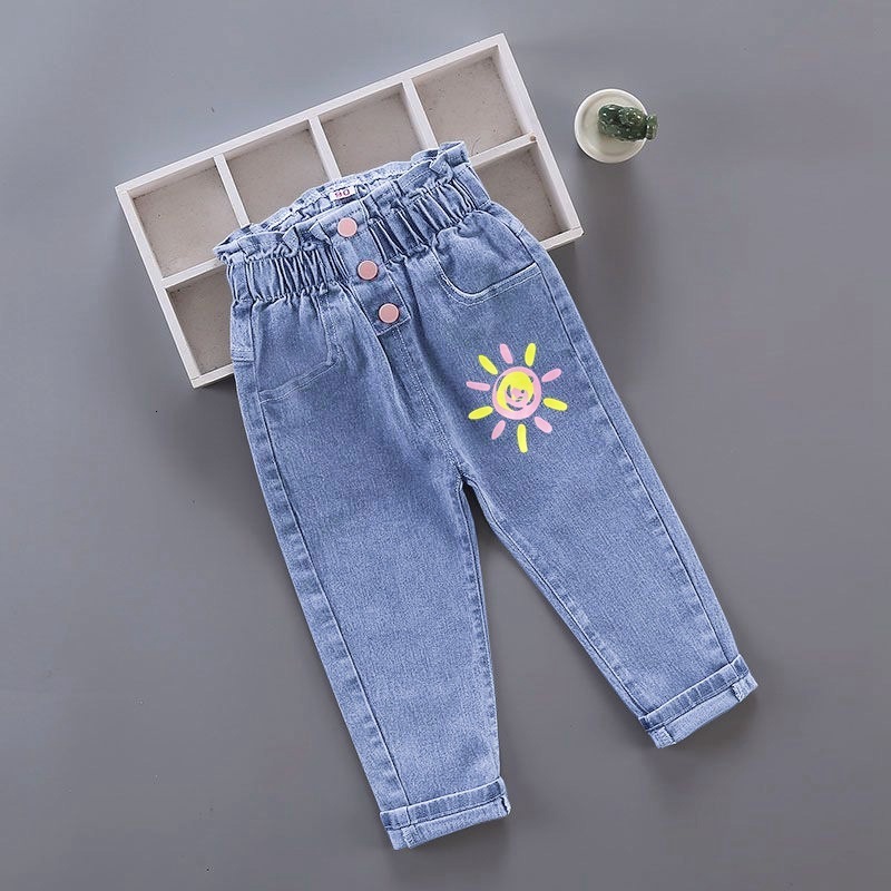 Jeans Kids Girl Floral Cartoon Long Pants Spring Autumn Graffiti Painting Print Casual Trousers with Hole Children Denim 230711