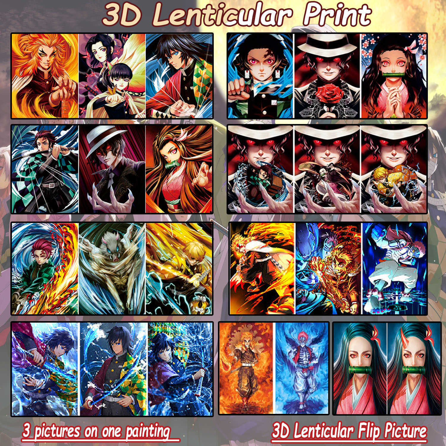 3D Anime Lenticular Demon Slayer Cartoon Characters 3D Flip Gradient Painting Changing Poster Picture Wall Art Home Decor Gift L230704