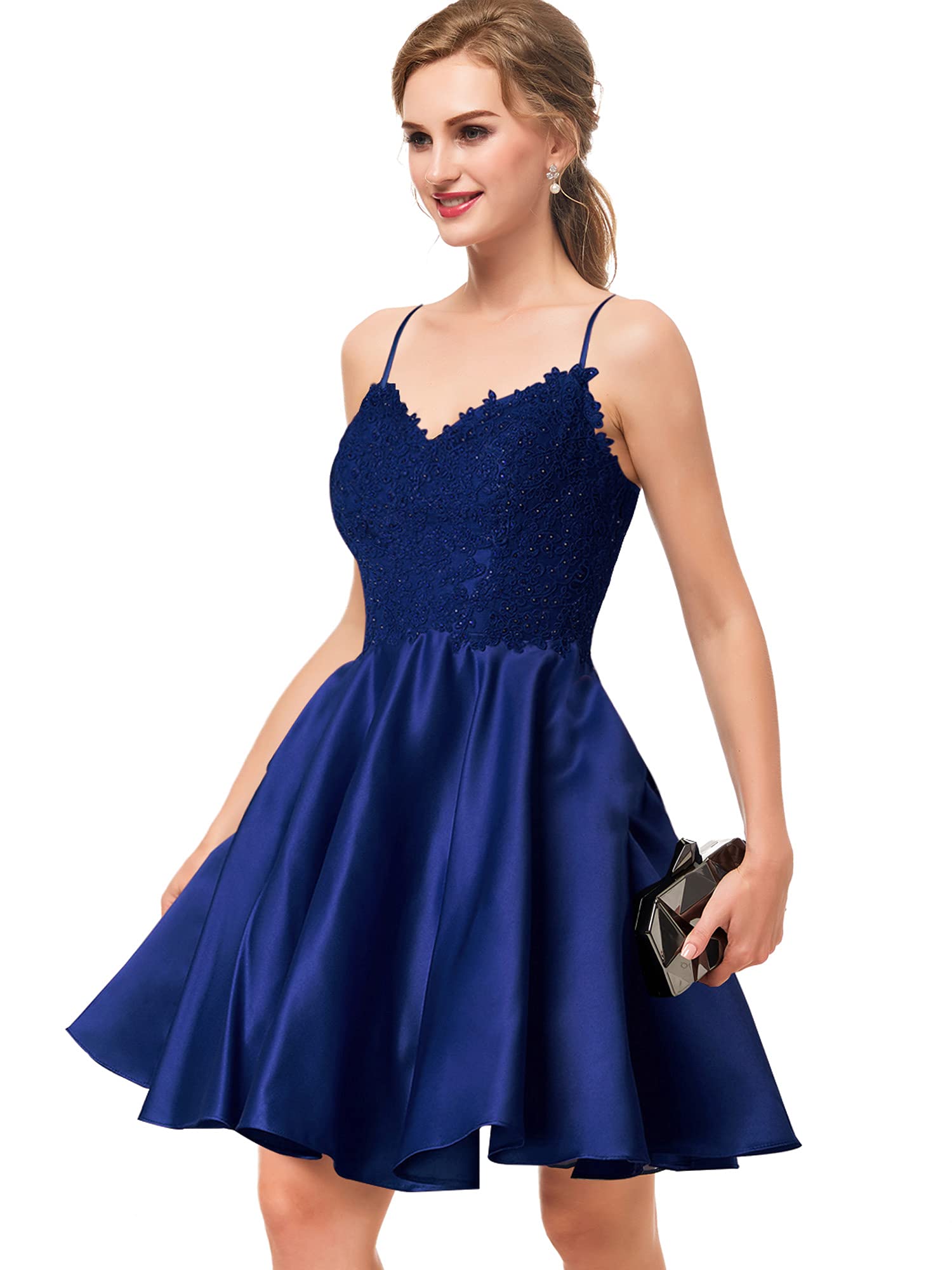 Short Homecoming Dresses Spaghetti Appliques Sequins Deep V-Neck Satin Lace-up Party Gowns Princess Plus Size Mini Birthday Prom Graudation Cocktail P