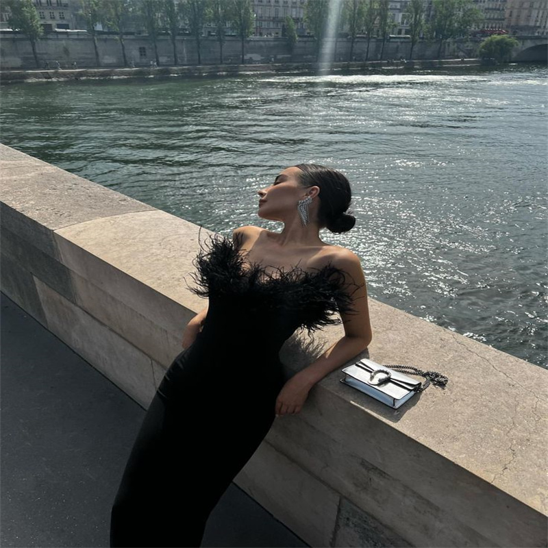 Luxury Black Feather Evening Dress Column Sexy Strapless Midi Maxi Prom Dresses 2023 Chic Cocktail Dinner Party Summer Holiday Night Graduation Cockta