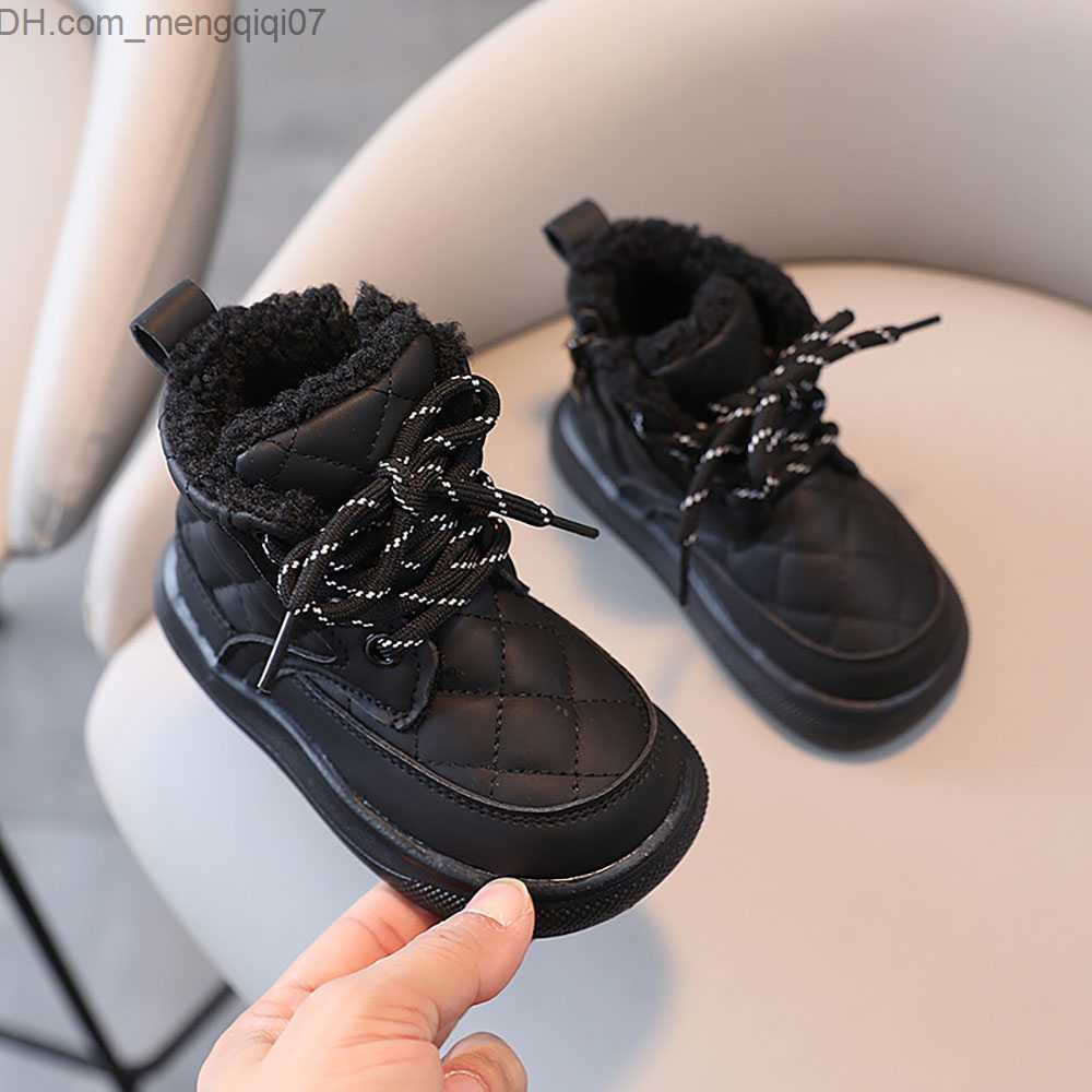 Sneakers 2023 Trend Winter Girls' Martin Boots Korean Style Checkered PU Leather Snow Boots Thick Warm Plush Casual Shoes Z230712