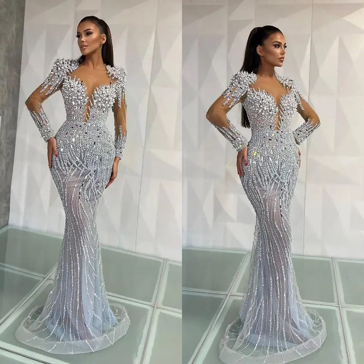 Gorgeous Mermaid Prom Dresses Long Sleeves Illusion Shining Sequins Beads Pleats Court Gown Backless Custom Made Plus Size Party Dress Vestido De Noit