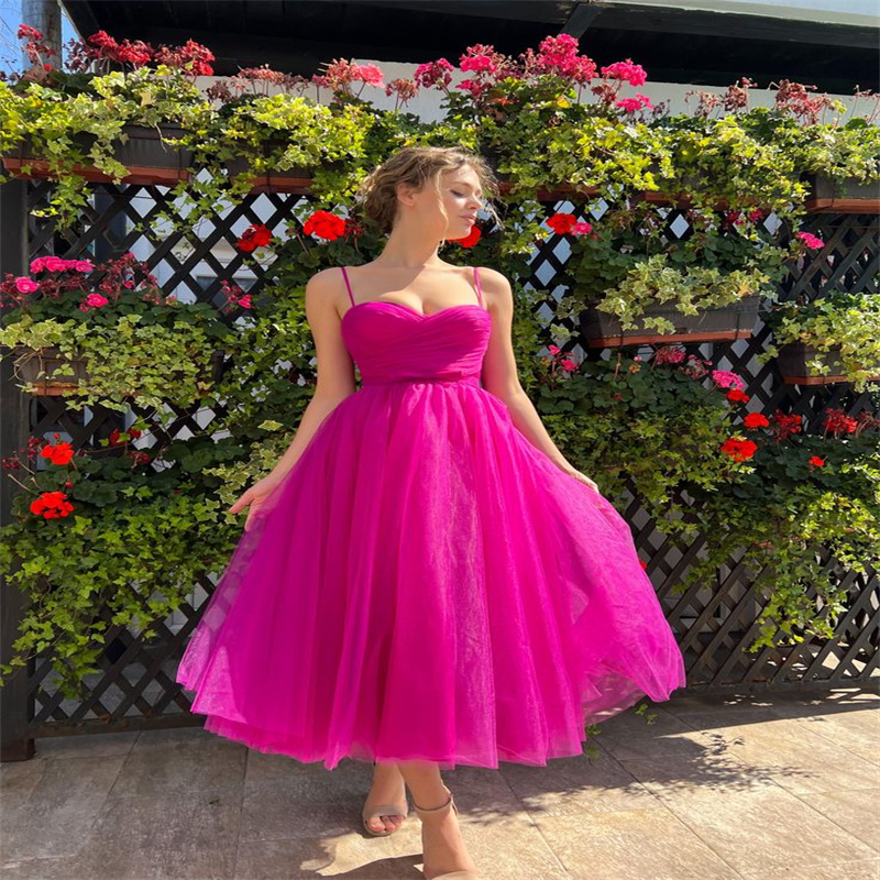 Sexy Hot Pink A Line Evening Dress 2023 Spaghetti Strapless Midi Length Prom Dresses Backless Organza Formal Cocktail Party Gown Holiday Night Graduat