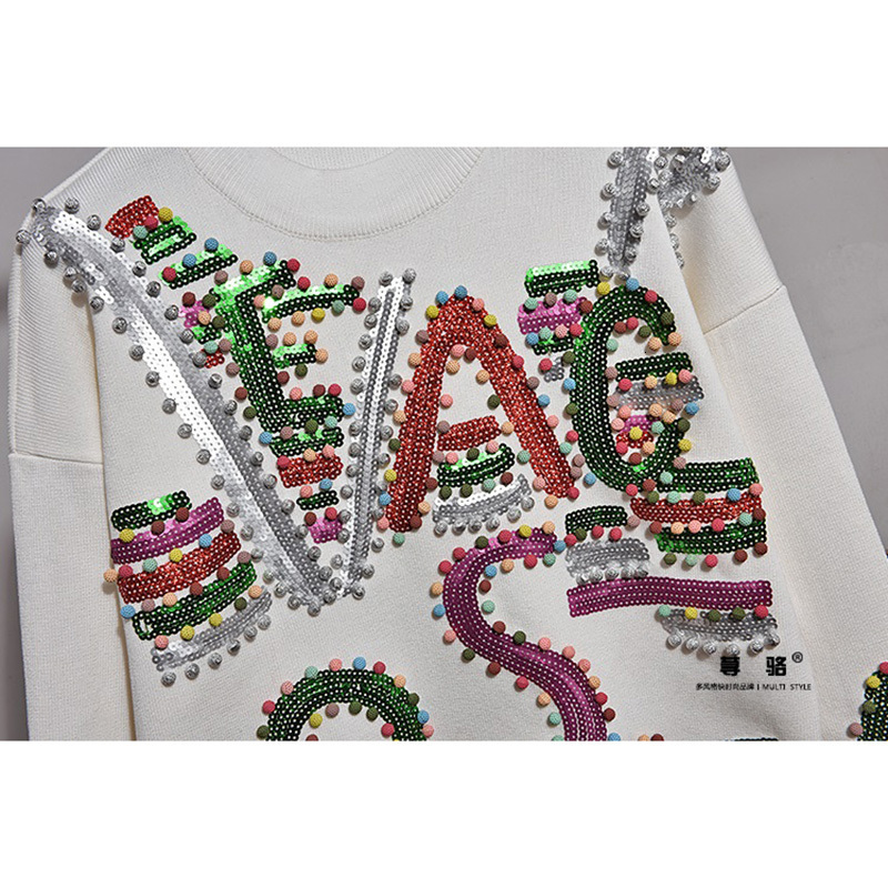 Women's Two Piece Pants Fashion White Knitted Tracksuit Set Women Handwork Letter Sequin Sweater Pencil Outfits Female Loose Knit 2pcs 230712