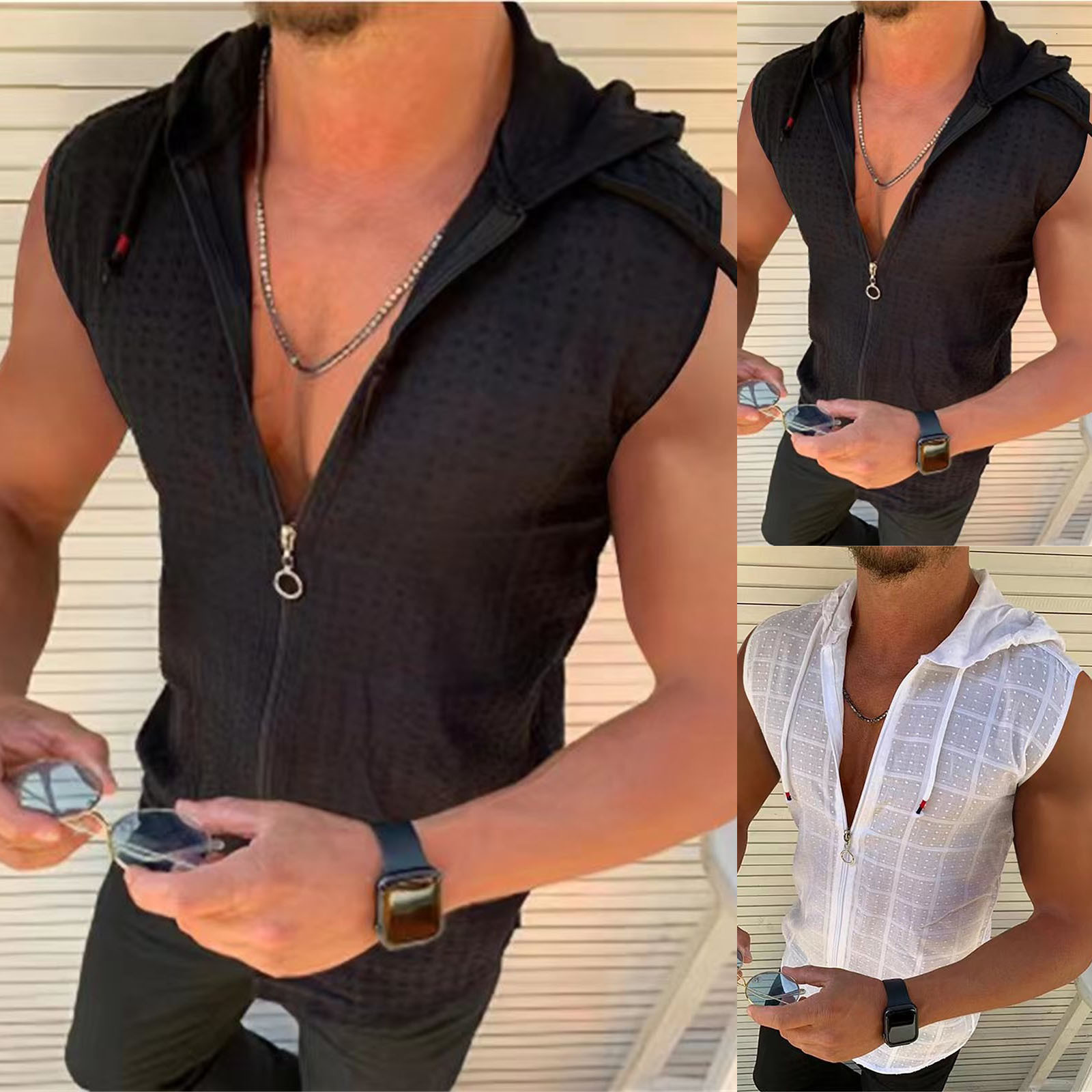 Men's Tank Tops Summer Hooded Top Shirt Mens Vest Zipper Sleeveless Shirts Pocket Cotton Linen Slim For Men Beach Streetwear 230711
