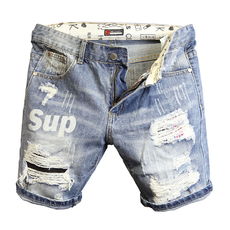 Men's Jeans Summer Light Blue Ripped Cat Whisker Patch Letter Print Slim Denim Shorts Teenagers Boys and Girls Cowboy Short Pants 230711