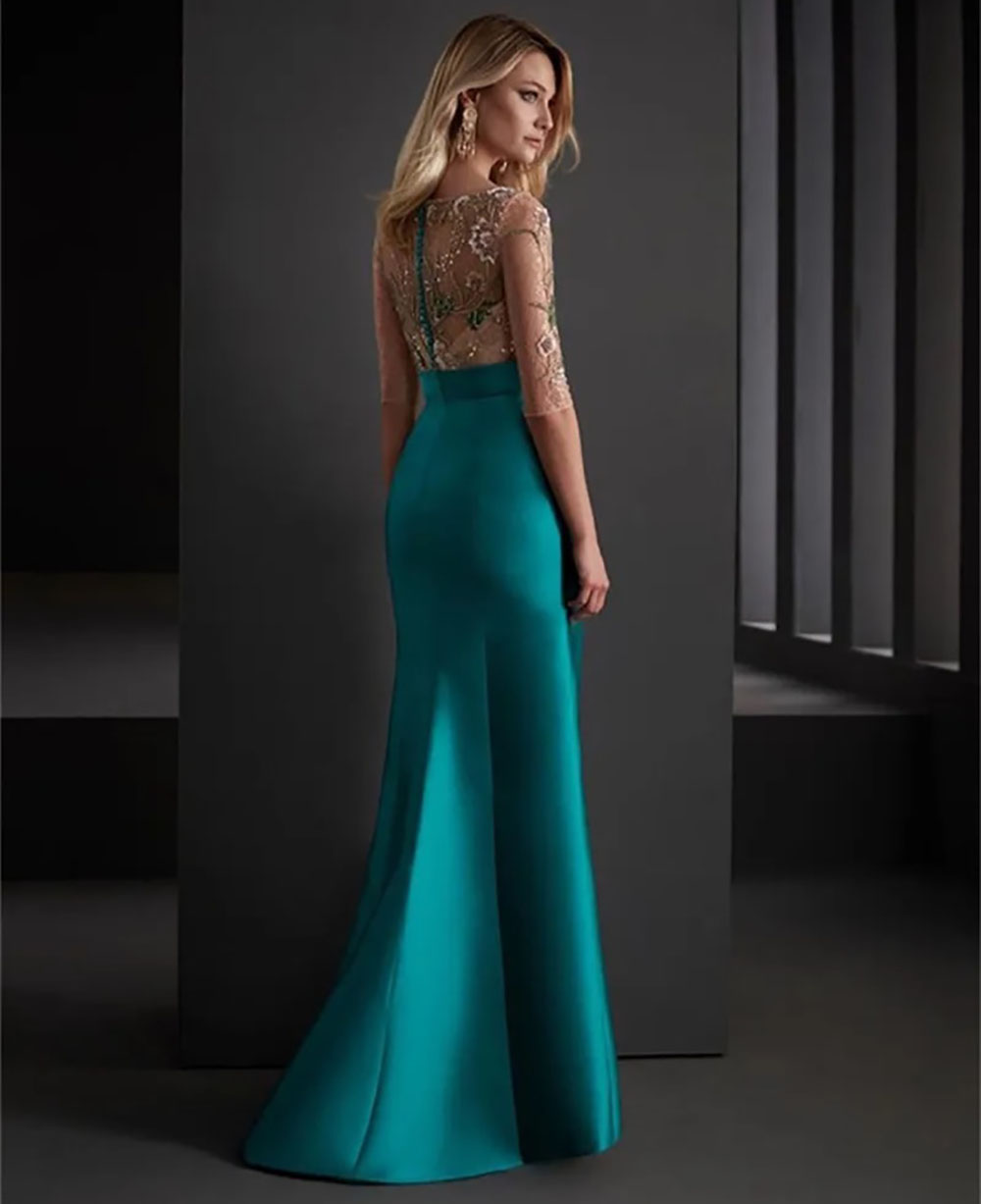 Mother Of The Bride Dresses Beads Appliqued Lace Evening Dress Half Sleeves Side Split Ruched Satin Cocktail Formal Mother's Wear