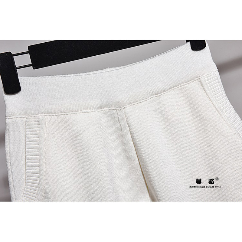 Women's Two Piece Pants Fashion White Knitted Tracksuit Set Women Handwork Letter Sequin Sweater Pencil Outfits Female Loose Knit 2pcs 230712