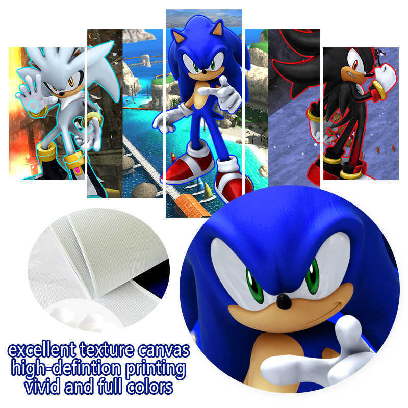 Cartoon Sonic 5 Panels Poster Video Games Canvas Painting Wall Art Picture for Children's Bedroom Living Room Decoration Cuadros L230704