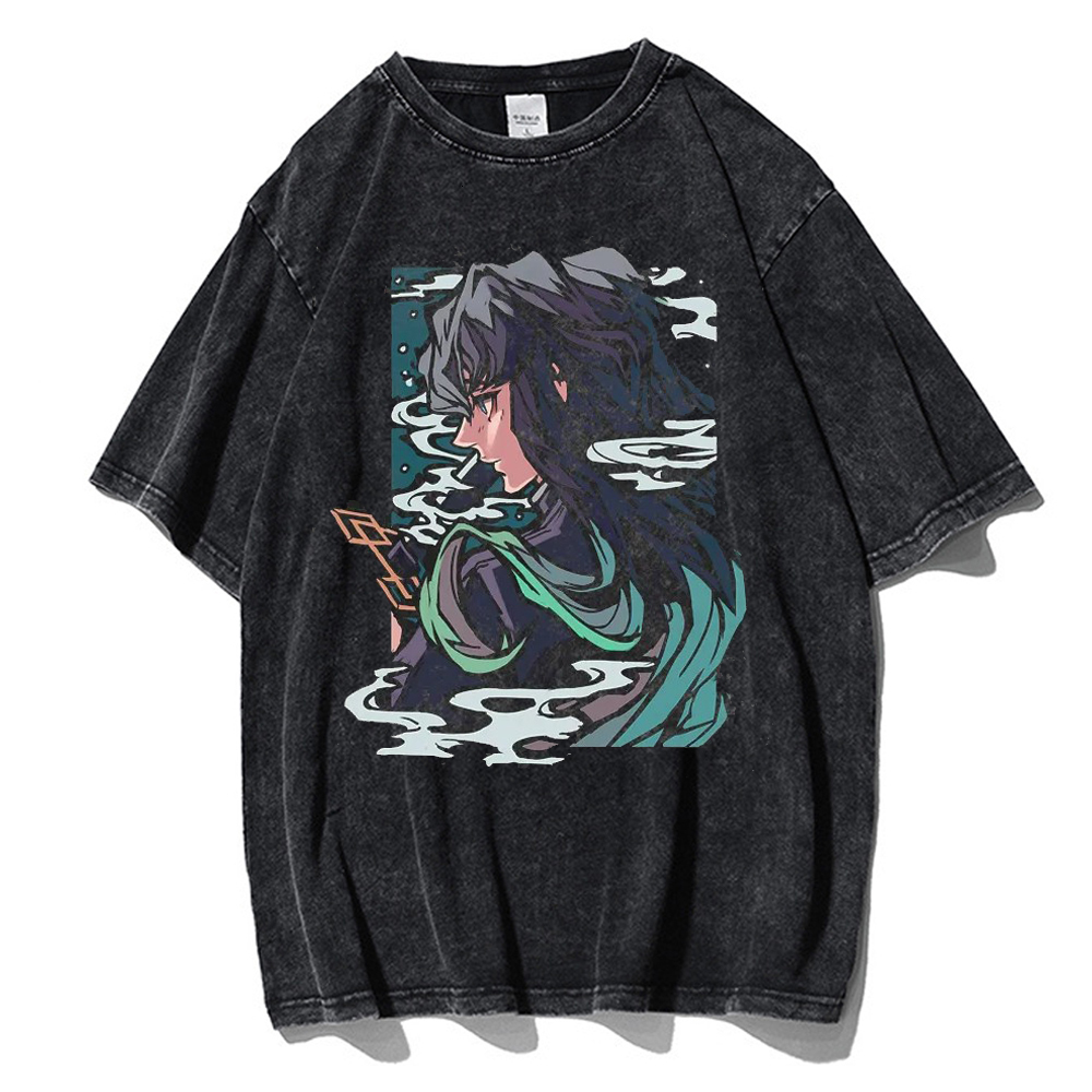 Men's T-Shirts Vintage Wash Men's T-shirt Anime Demon Killer Kamado Tanjirou Printed T-shirt 100% Cotton Casual Shirt Top Y2K Clothing 23071