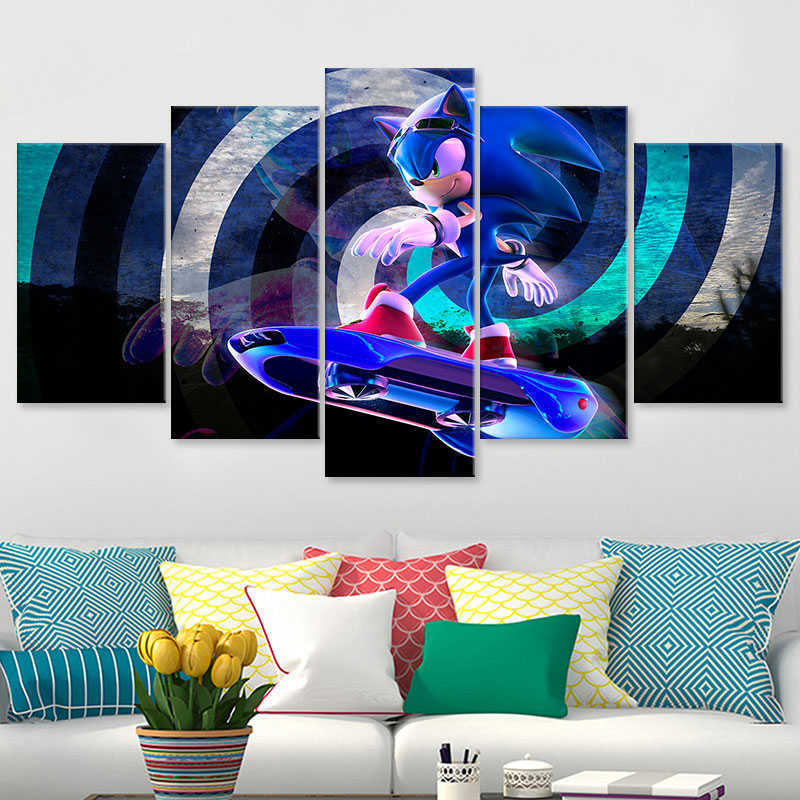 Cartoon Sonic 5 Panels Poster Video Games Canvas Painting Wall Art Picture for Children's Bedroom Living Room Decoration Cuadros L230704