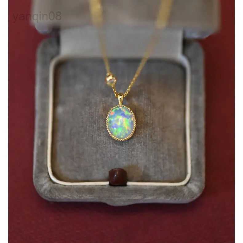 Pendant Necklaces 925 Sterling Silver Plated 14K Gold Natural Opal Pendant Inlaid Zircon Necklace French Fashion Retro Trendy Jewelry Girl Gift HKD230712