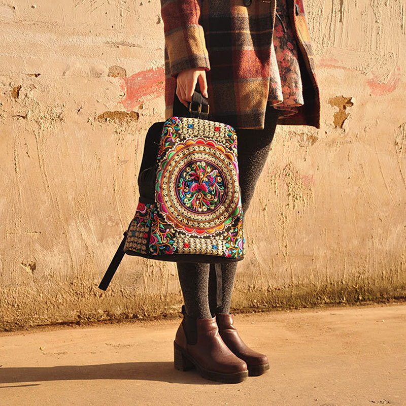 Evening Bags Veowalk Vintage Artistic Embroidered Women Canvas Backpacks Handmade Floral Embroidery Rucksack Schoolbag Denim Travel 230711