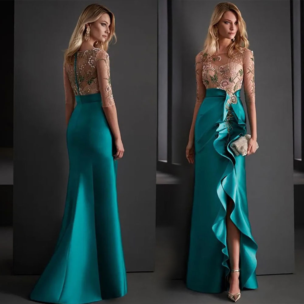 Mother Of The Bride Dresses Beads Appliqued Lace Evening Dress Half Sleeves Side Split Ruched Satin Cocktail Formal Mother's Wear