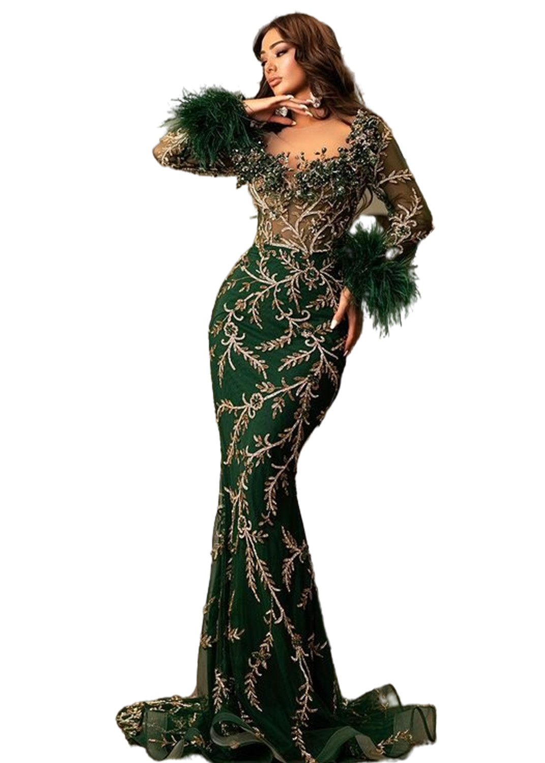 2023 Aso Ebi Dark Green Mermaid Prom Dress Lace Beaded Feather Evening Formal Party Second Reception Birthday Engagement Gowns Dresses Robe De Soiree 