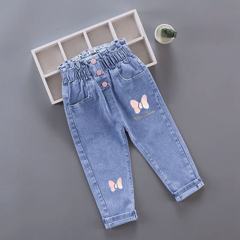 Jeans Kids Girl Floral Cartoon Long Pants Spring Autumn Graffiti Painting Print Casual Trousers with Hole Children Denim 230711