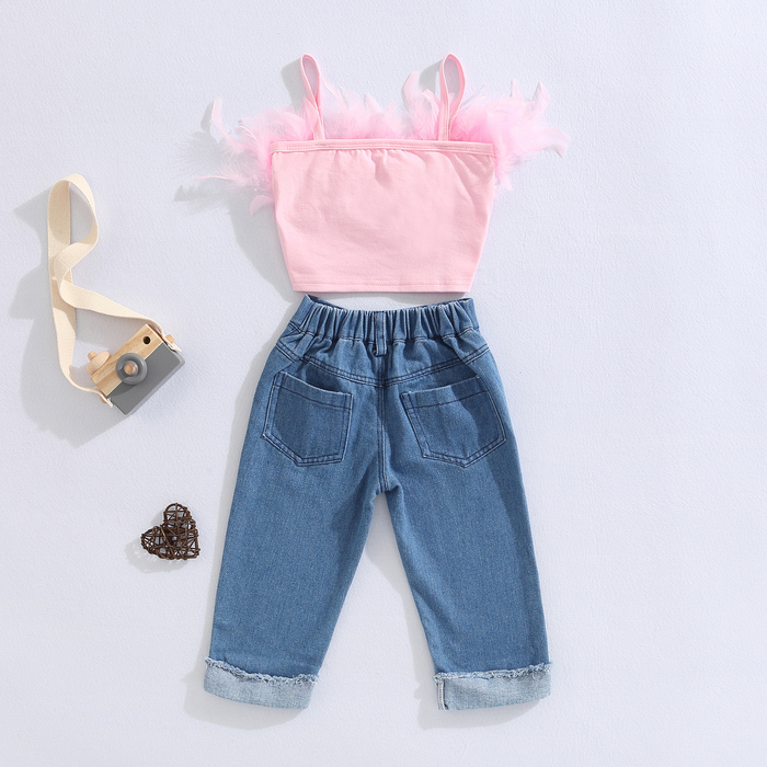 Clothing Sets Girls Summer Clothing Outfit Sets Fashion Kid Children Pink Sleeveless Feather Camisole Denim Pants with Pockets 230711