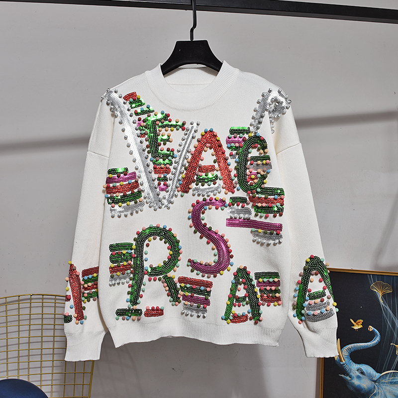 Women's Two Piece Pants Fashion White Knitted Tracksuit Set Women Handwork Letter Sequin Sweater Pencil Outfits Female Loose Knit 2pcs 230712
