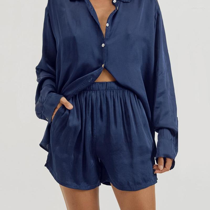 Women's Sleepwear Fashion Chiffon Shirt With Pocket Shorts Suit For Women 2023 Turn-down Collar Full Sleeve Shirts Pajamas Set Soft