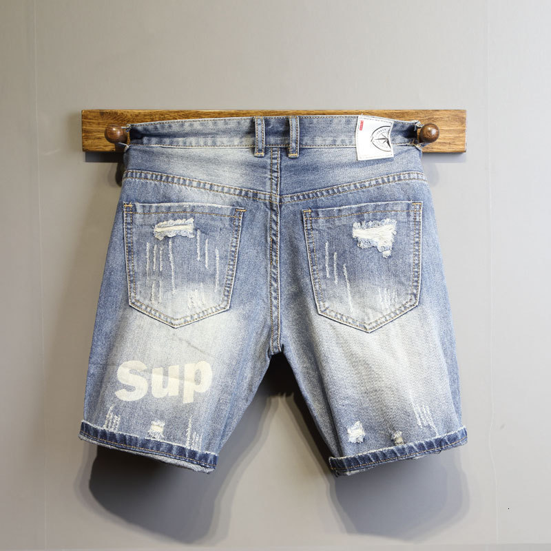 Men's Jeans Summer Light Blue Ripped Cat Whisker Patch Letter Print Slim Denim Shorts Teenagers Boys and Girls Cowboy Short Pants 230711