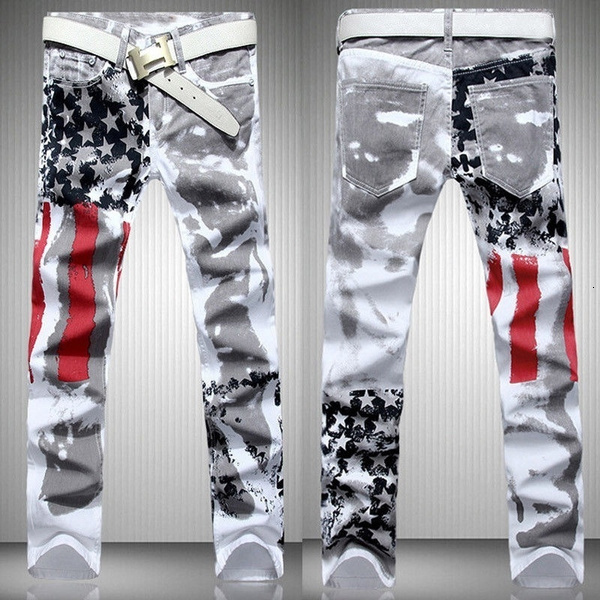 Mens Jeans Fashion Distressed Slim Fit Long Pants Trousers Printed Biker 230712