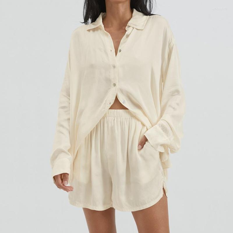 Women's Sleepwear Fashion Chiffon Shirt With Pocket Shorts Suit For Women 2023 Turn-down Collar Full Sleeve Shirts Pajamas Set Soft