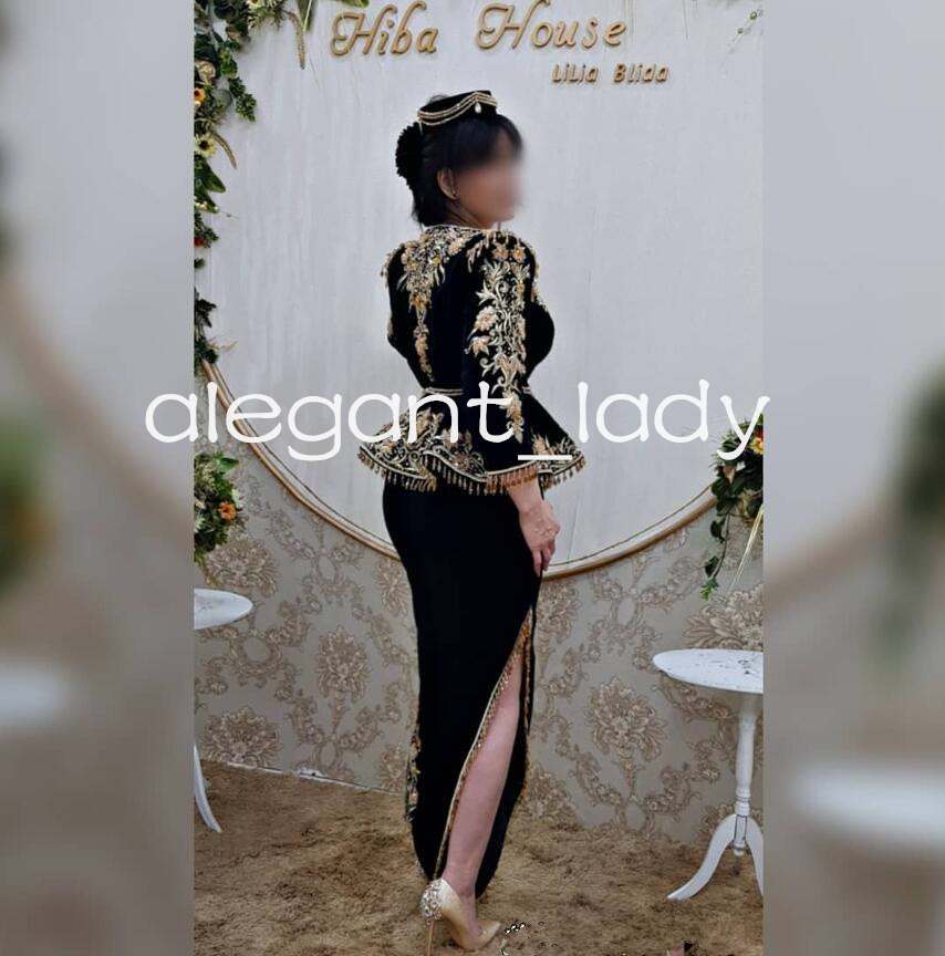Black Karakou alggrien Outfit Prom Dresses Gold Applique Embroidery Long Sleeve Peplum Velvet Vaftan Arabic Evening Gown