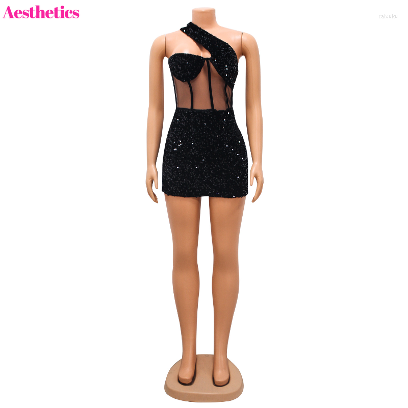 Casual Dresses Sexy Shiny Sequin Bodycon Mini Dress Inclined One Shoulder Mesh Vestidos Outfits 2023 Summer Night Club Birthday Party