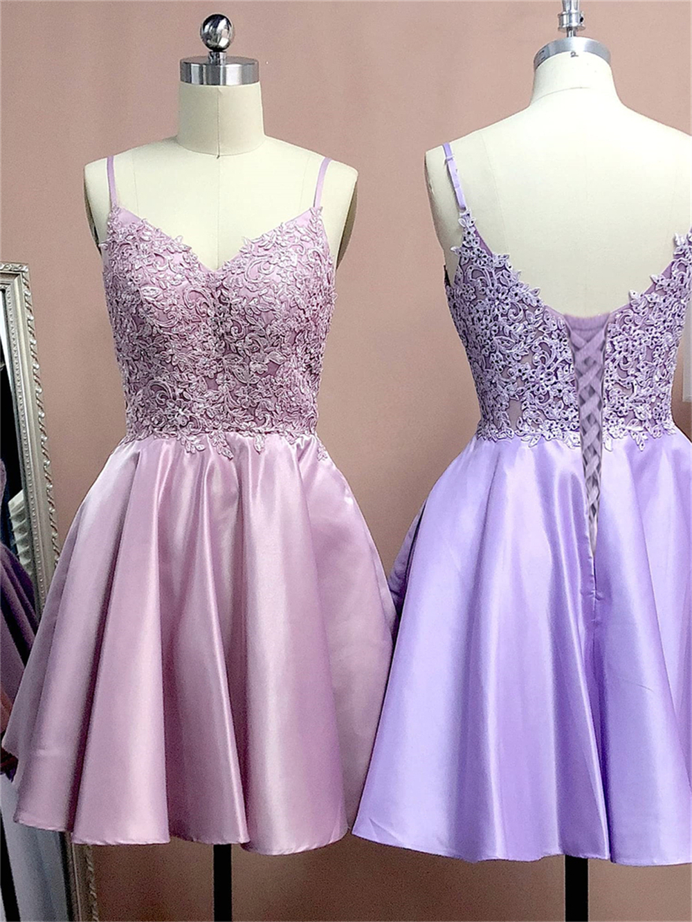 Short Homecoming Dresses Spaghetti Appliques Sequins Deep V-Neck Satin Lace-up Party Gowns Princess Plus Size Mini Birthday Prom Graudation Cocktail P