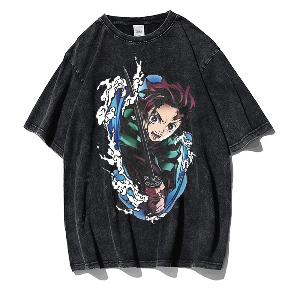 Men's T-Shirts Vintage Wash Men's T-shirt Anime Demon Killer Kamado Tanjirou Printed T-shirt 100% Cotton Casual Shirt Top Y2K Clothing 23071