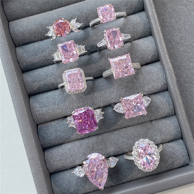 pink designer diamond ring for woman wed promise 925 sterling silver 8A zirconia sqaure heart love engagement wedding rings womens luxury jewelry gift box Size 6-9