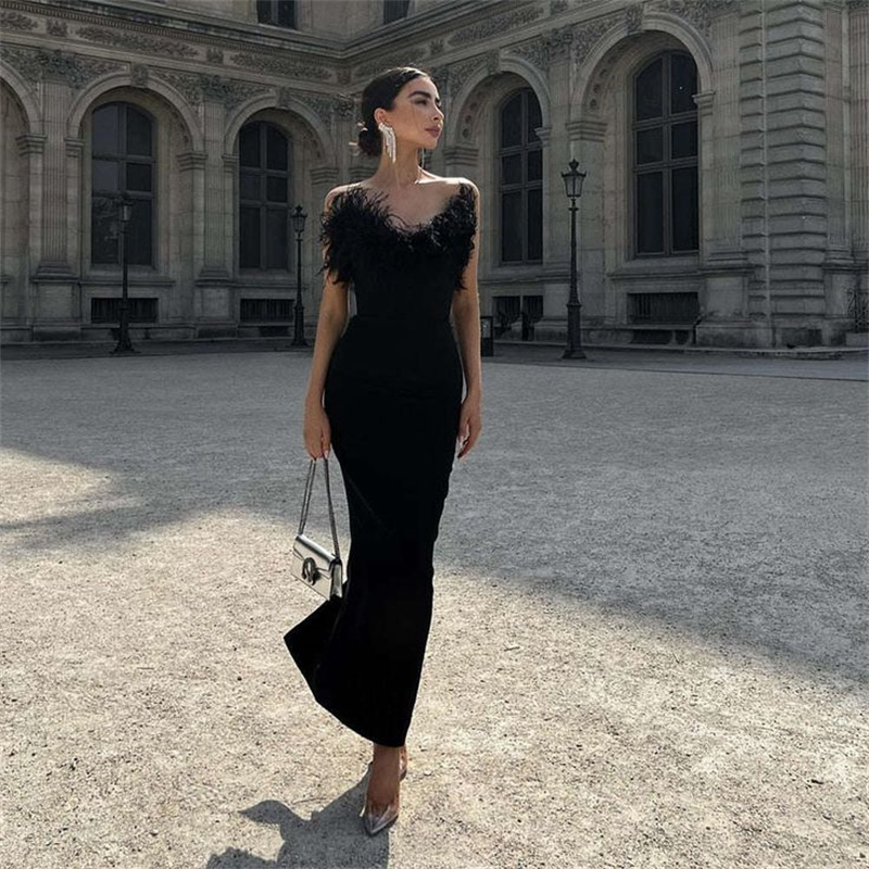 Luxury Black Feather Evening Dress Column Sexy Strapless Midi Maxi Prom Dresses 2023 Chic Cocktail Dinner Party Summer Holiday Night Graduation Cockta