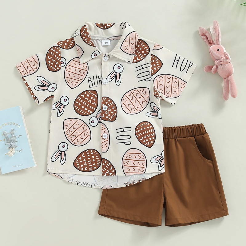 Clothing Sets -12-22 Lioraitiin 0-5Years Baby Kids Boys Easter Shorts Set Short Sleeve Rabbit Print Button-down Shirt Shorts 230711