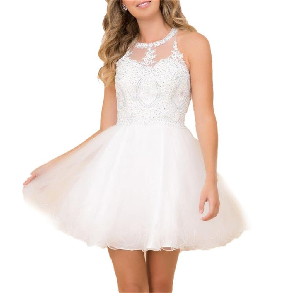 Short Homecoming Dresses Appliques Beading A-Line Jewel Backless Tulle Party Gowns Princess Plus Size Mini Birthday Prom Graudation Cocktail Party Gow