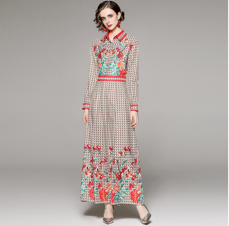Designer Women Dresses Runway Vintage Floral Print Collar Long Sleeve Button Front Women Ladies Casual Party A-Line Midi Beach Dress
