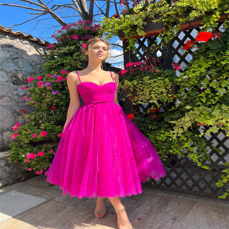 Sexy Hot Pink A Line Evening Dress 2023 Spaghetti Strapless Midi Length Prom Dresses Backless Organza Formal Cocktail Party Gown Holiday Night Graduat