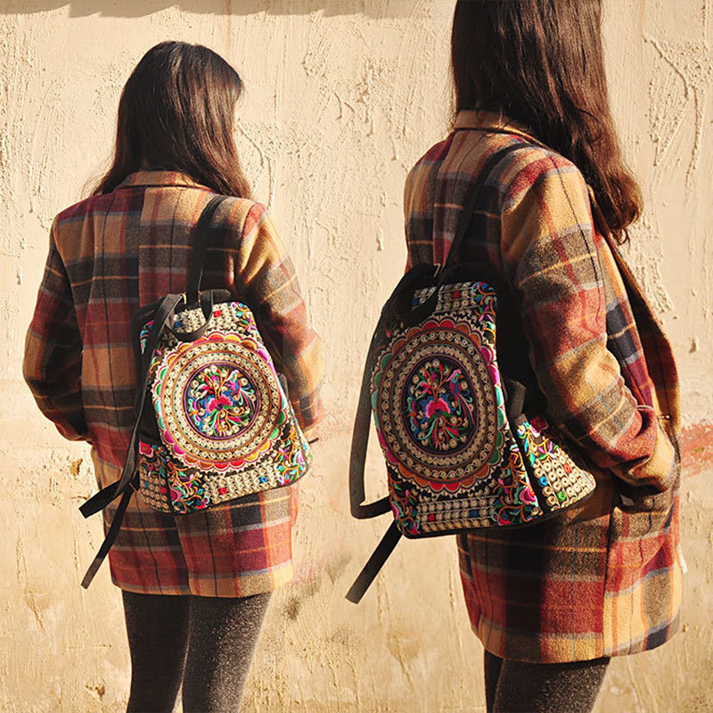 Evening Bags Veowalk Vintage Artistic Embroidered Women Canvas Backpacks Handmade Floral Embroidery Rucksack Schoolbag Denim Travel 230711