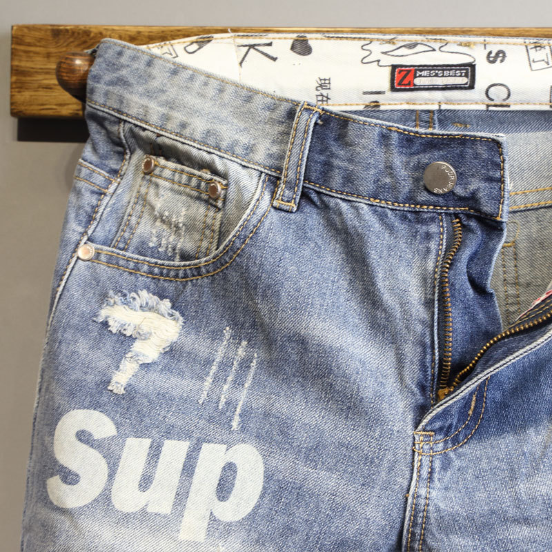 Men's Jeans Summer Light Blue Ripped Cat Whisker Patch Letter Print Slim Denim Shorts Teenagers Boys and Girls Cowboy Short Pants 230711