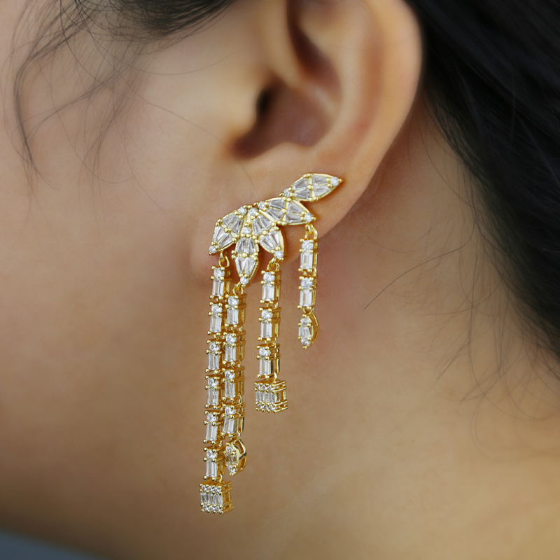 new fashion design Leaf four long tassel Earring Full Iced Out Bling Pave Cubic Zircon CZ Fashion Hip Hop Women lady gift Jewelry