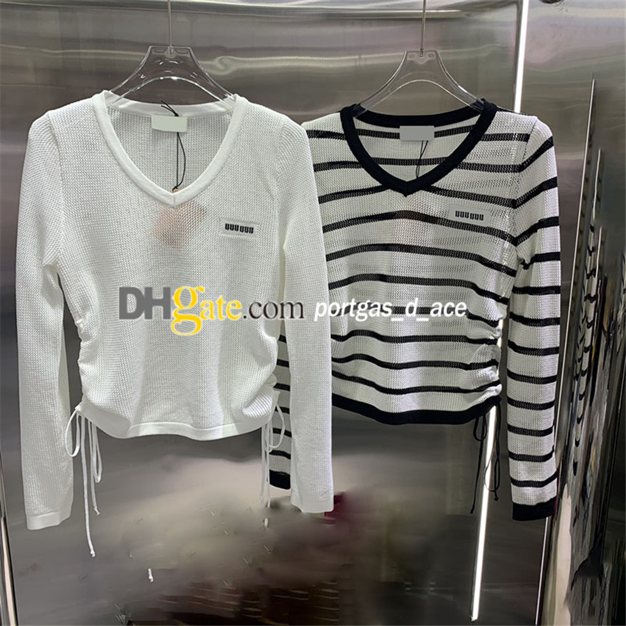 Hollow Knitted Tees Women T Shirt Long Sleeve See Through Striped Tops V Neck Side Drawstring Design Shirts Knits, Striped with label #0711
Hollow Knitted Tees Women T Shirt Long Sleeve See Through Striped Tops V Neck Side Drawstring Design Shirts Knits, Striped with label #0711