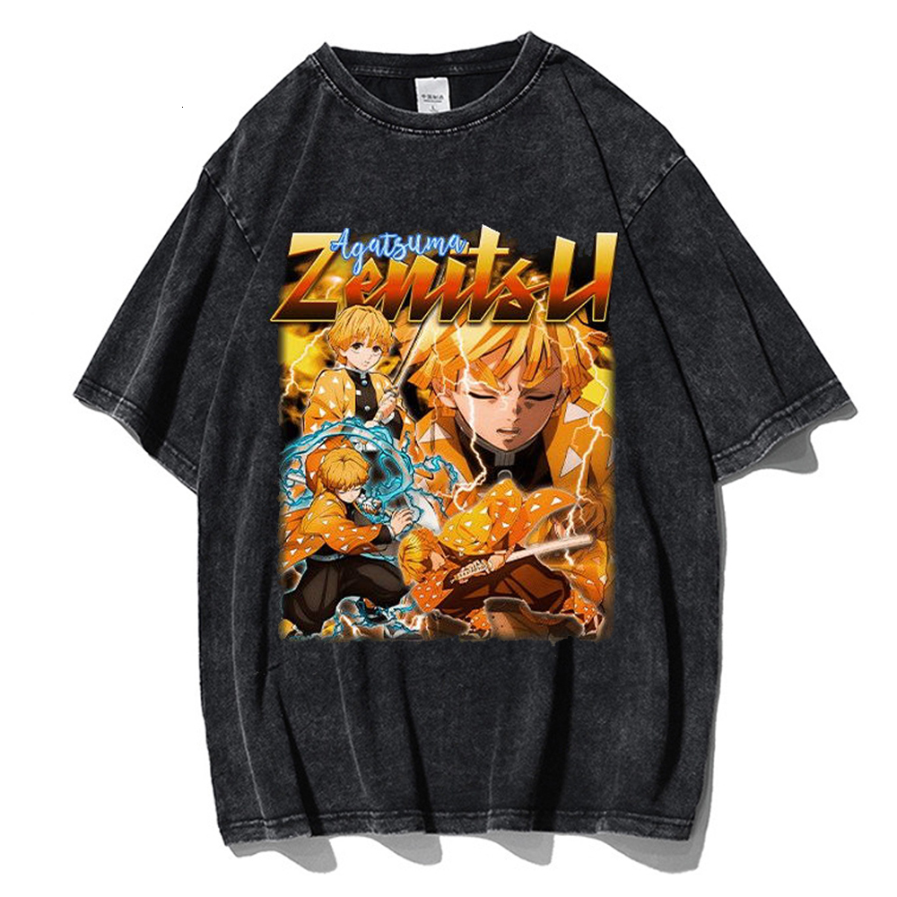 Men's T-Shirts Vintage Wash Men's T-shirt Anime Demon Killer Kamado Tanjirou Printed T-shirt 100% Cotton Casual Shirt Top Y2K Clothing 23071