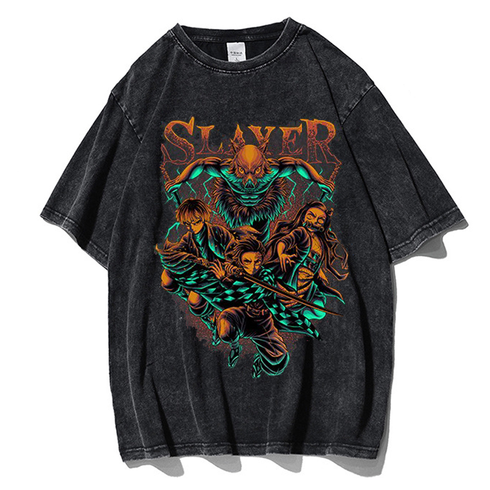 Men's T-Shirts Vintage Wash Men's T-shirt Anime Demon Killer Kamado Tanjirou Printed T-shirt 100% Cotton Casual Shirt Top Y2K Clothing 23071