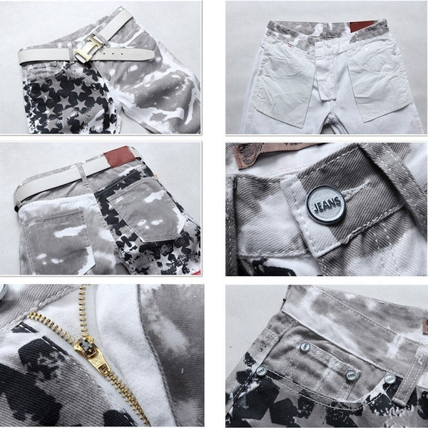 Mens Jeans Fashion Distressed Slim Fit Long Pants Trousers Printed Biker 230712