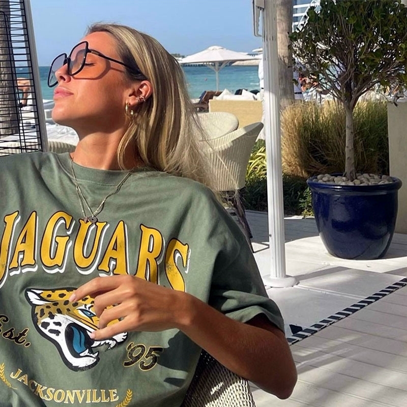 Women's TShirt American Retro Jaguars Printing Female Graphic Cool T Shirts Summer Short Sleeve Loose Cotton Y2K Tops Street Fashion 90s Tees 230